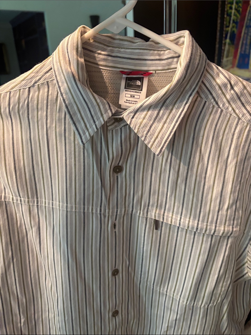 The North Face Men’s White Button-Down Short Sl Shirt with Brown & Gray Stripes